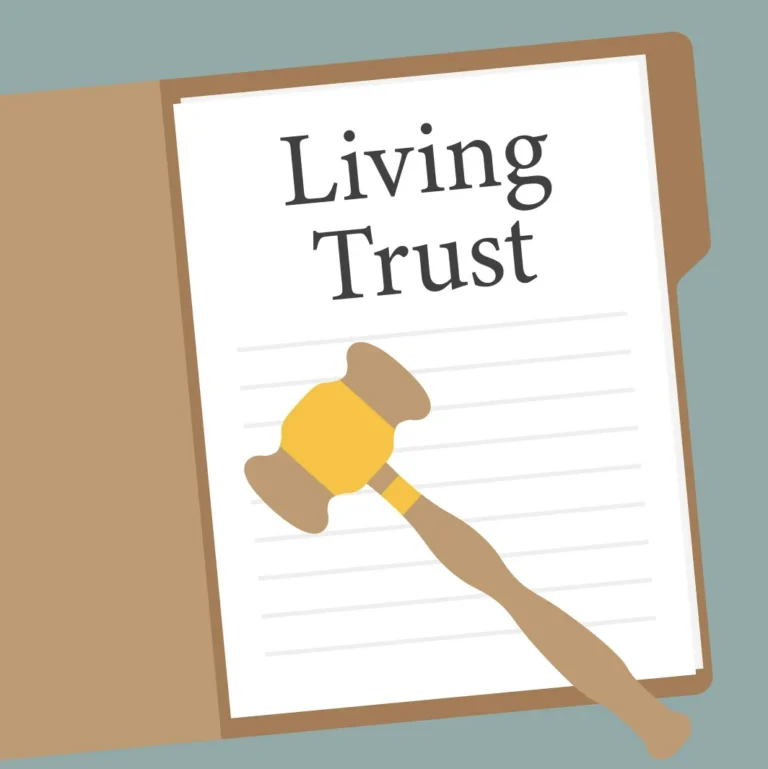 Document titled "Living Trust" inside a brown folder with a wooden gavel on top.