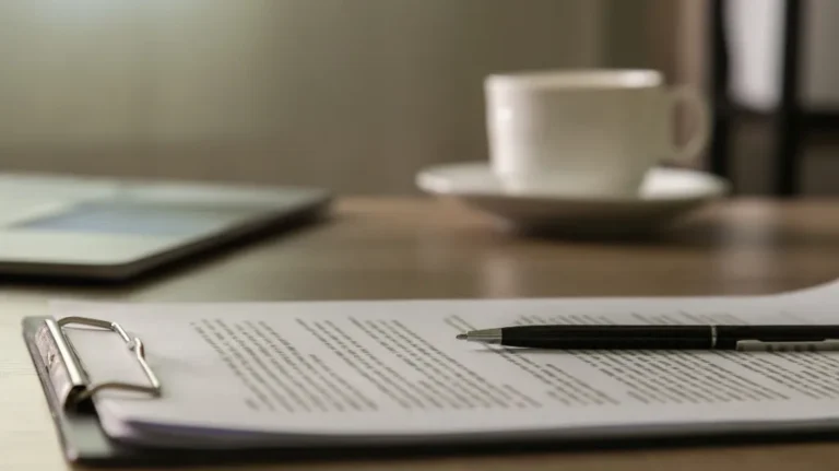 Close-up of a clipboard with documents and a pen on a wooden desk, blurred coffee cup and laptop in background.