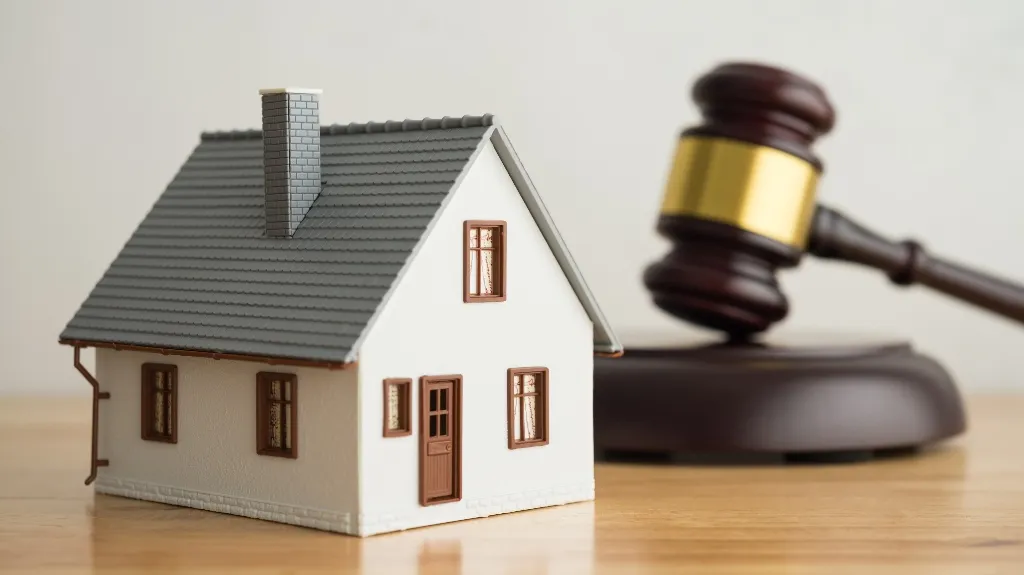Small white model house with a gray roof next to a wooden judge's gavel on a table.